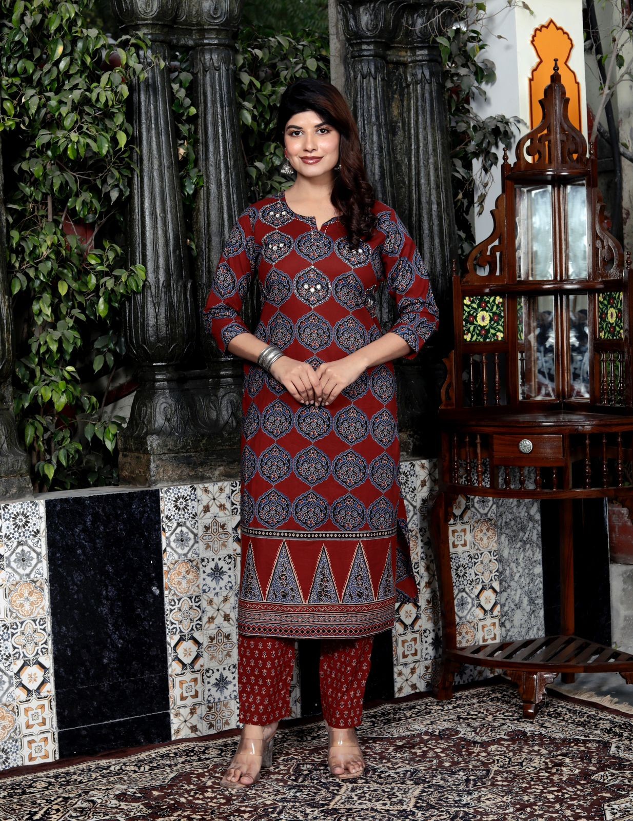 Women Trending Cotton New Ajrakh Printed Red Kurta Set