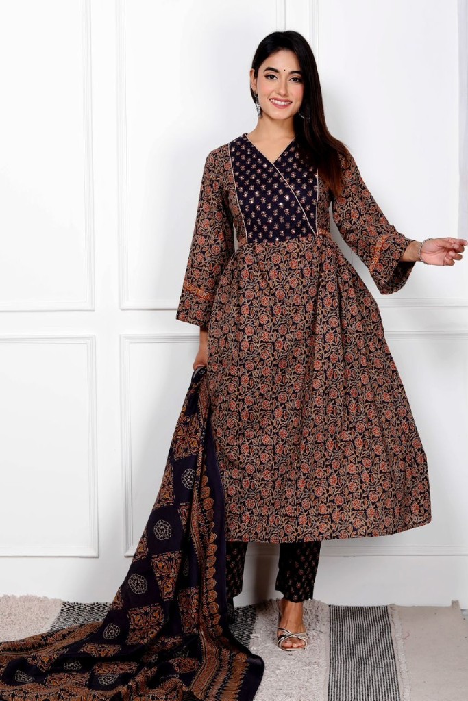 Navy Blue And Light Brown Angrakha Suit