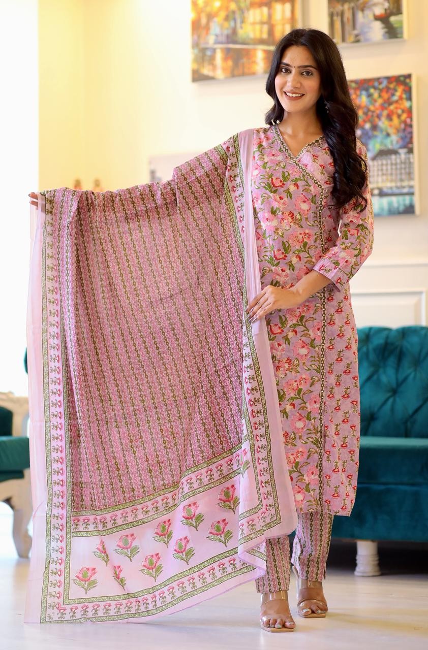Pink Floral Cotton Suit Set with Dupatta