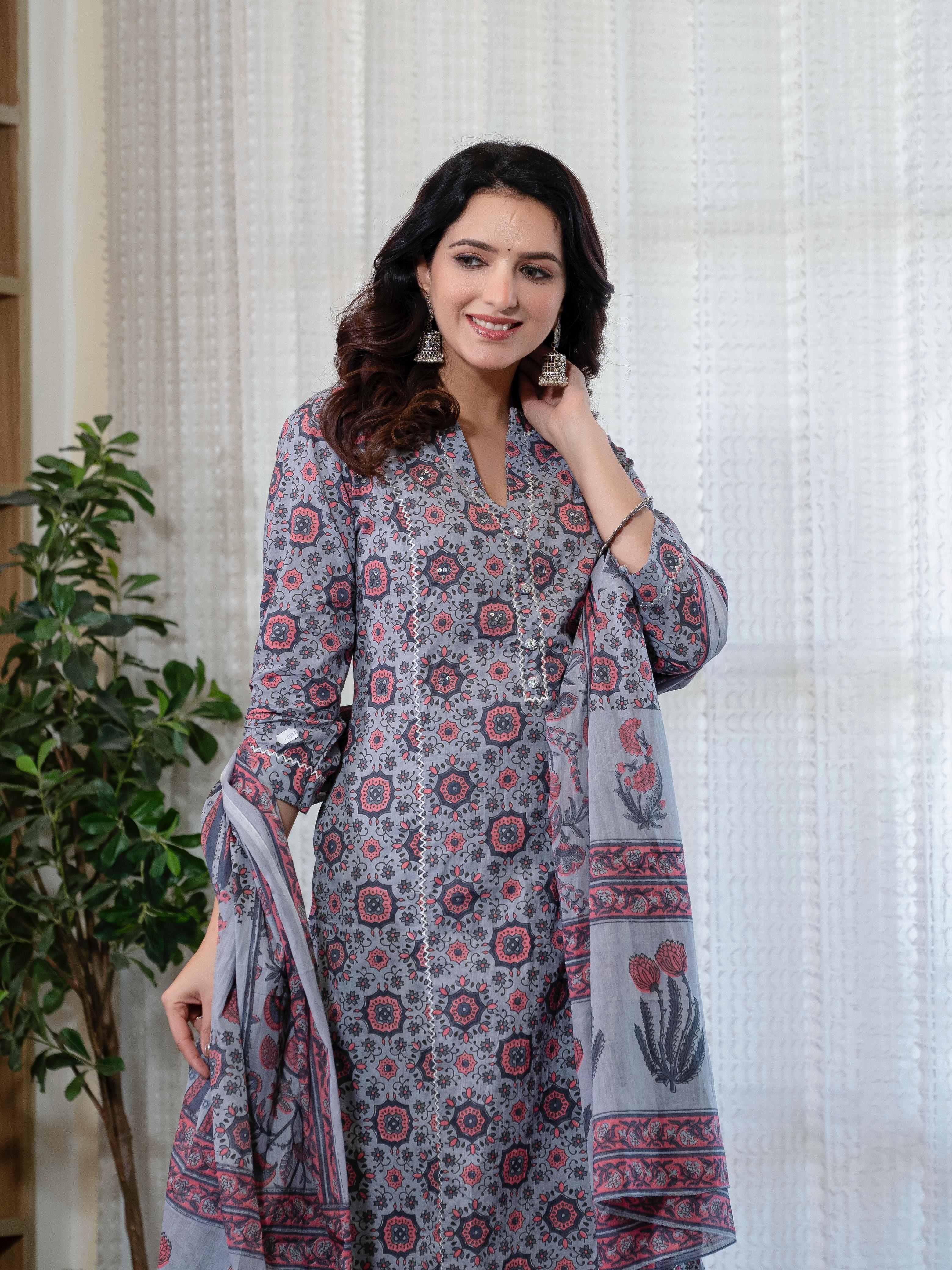 Cotton Summer Gray Kurti Pant And Dupatta Set