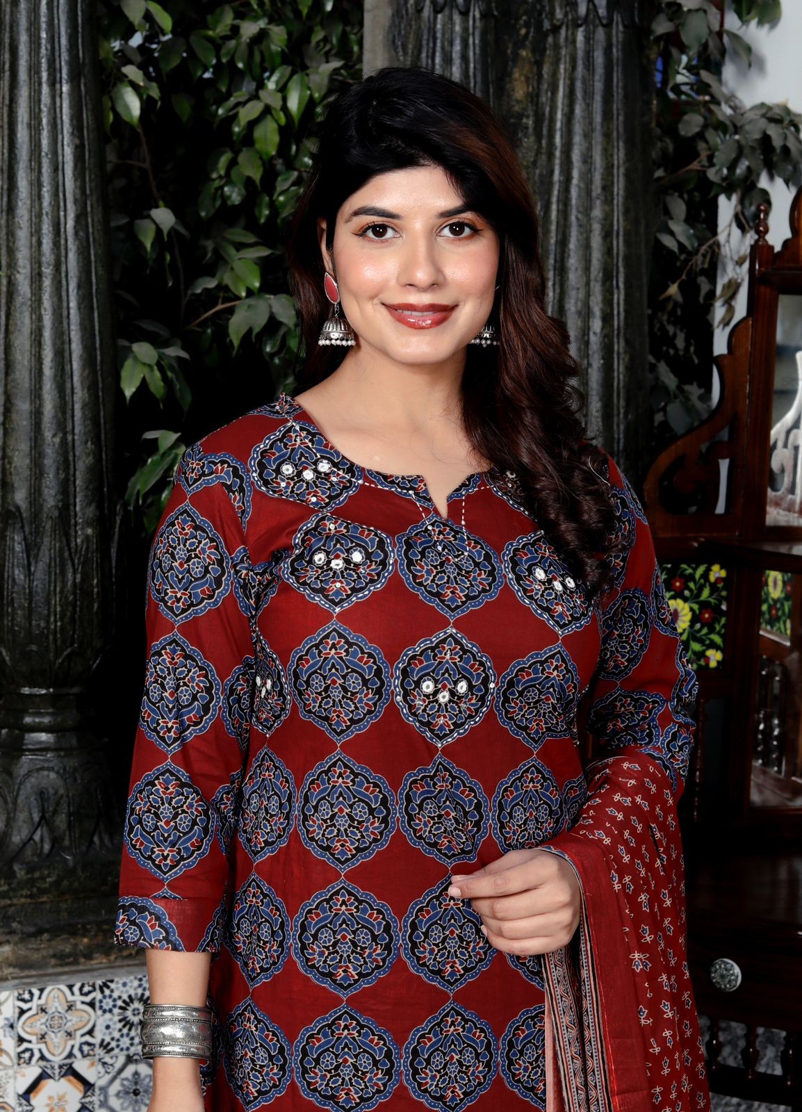 Women Trending Cotton New Ajrakh Printed Red Kurta Set