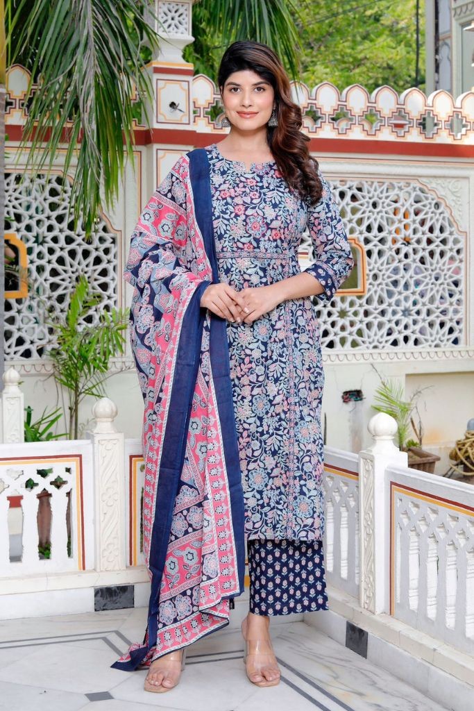Blue With White Printed Kurta Palzo Dupatta Set