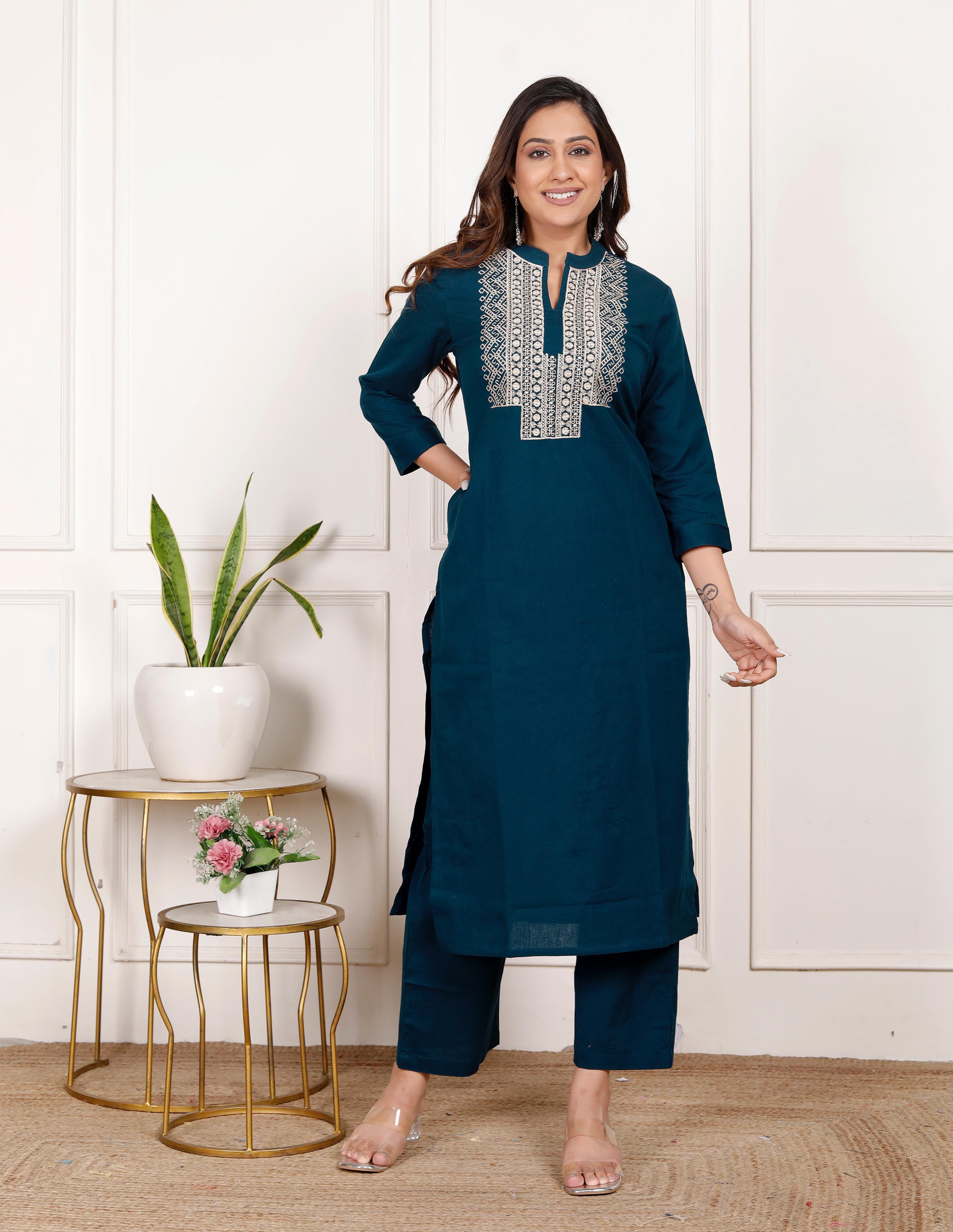 Premium Cotton Flex Kurta Pant Set – Teal Blue