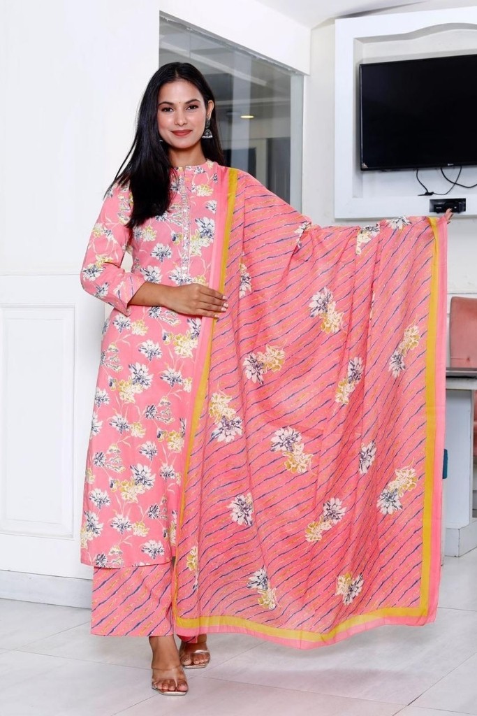 Peach And White Plazo Kurta Dupatta Set