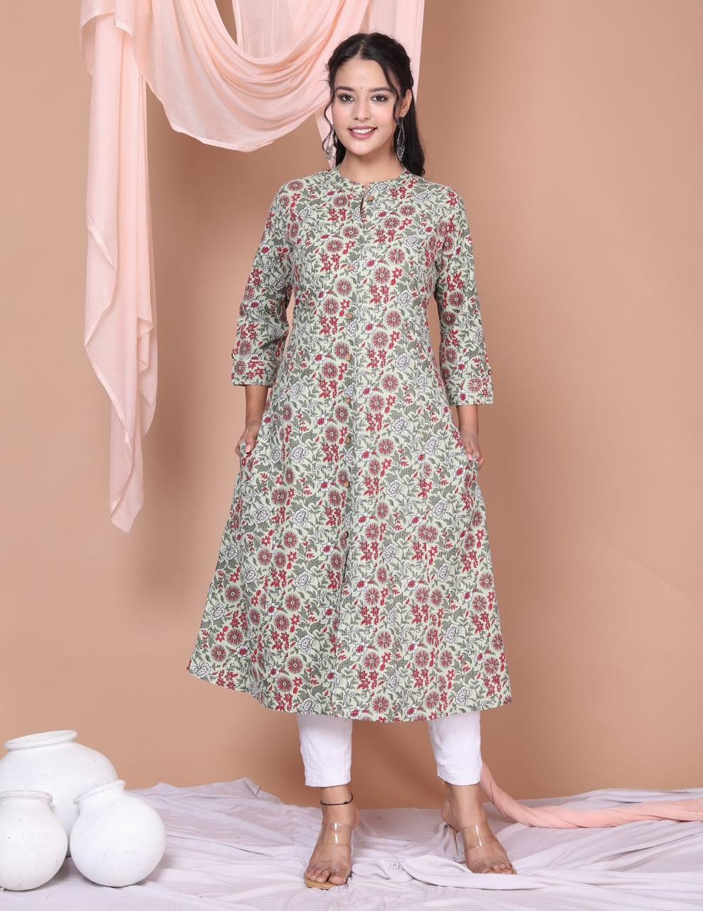 New Light Gray Floral print A line Kurta
