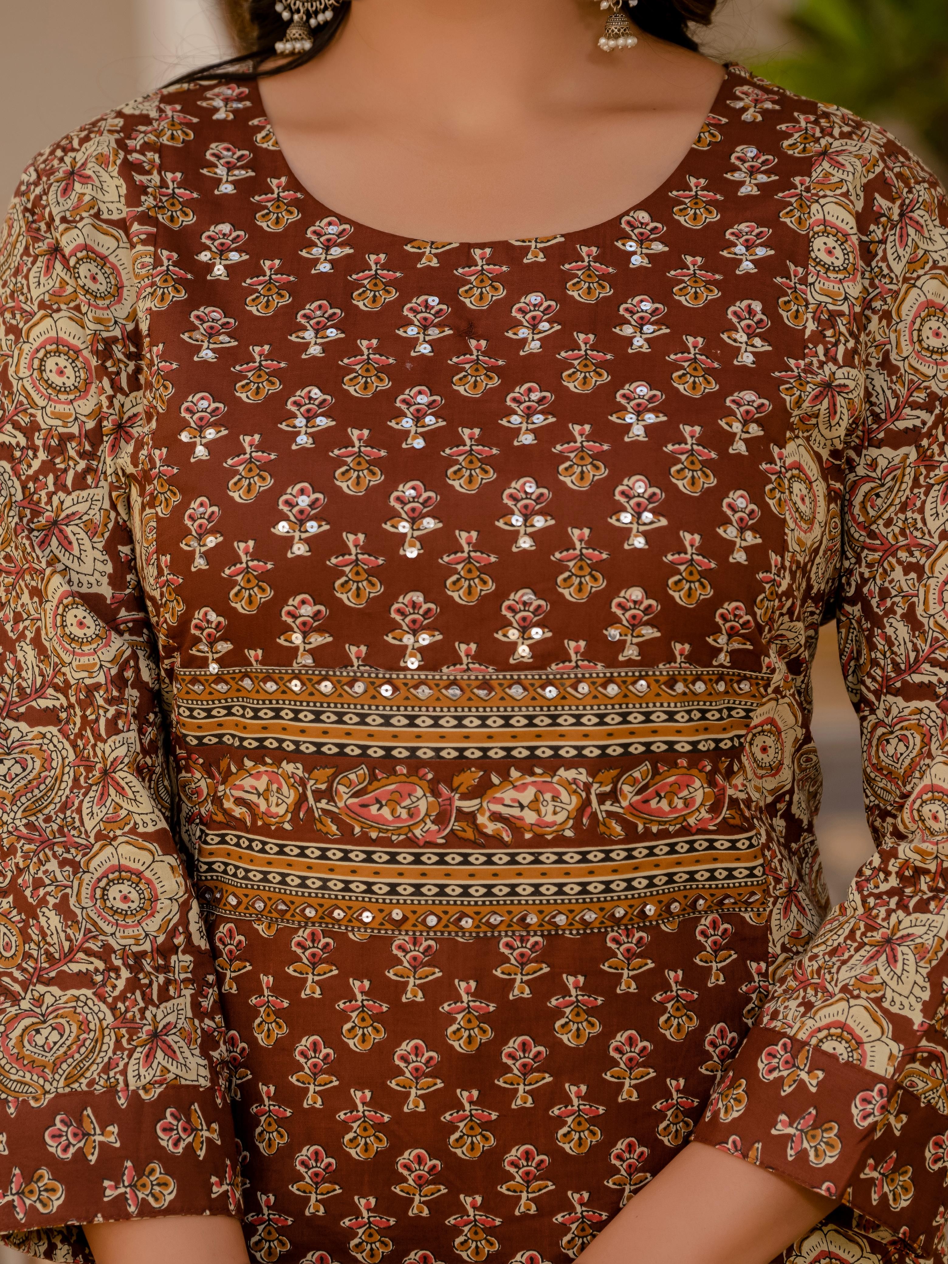 Brown Printed Cotton Kurti Set