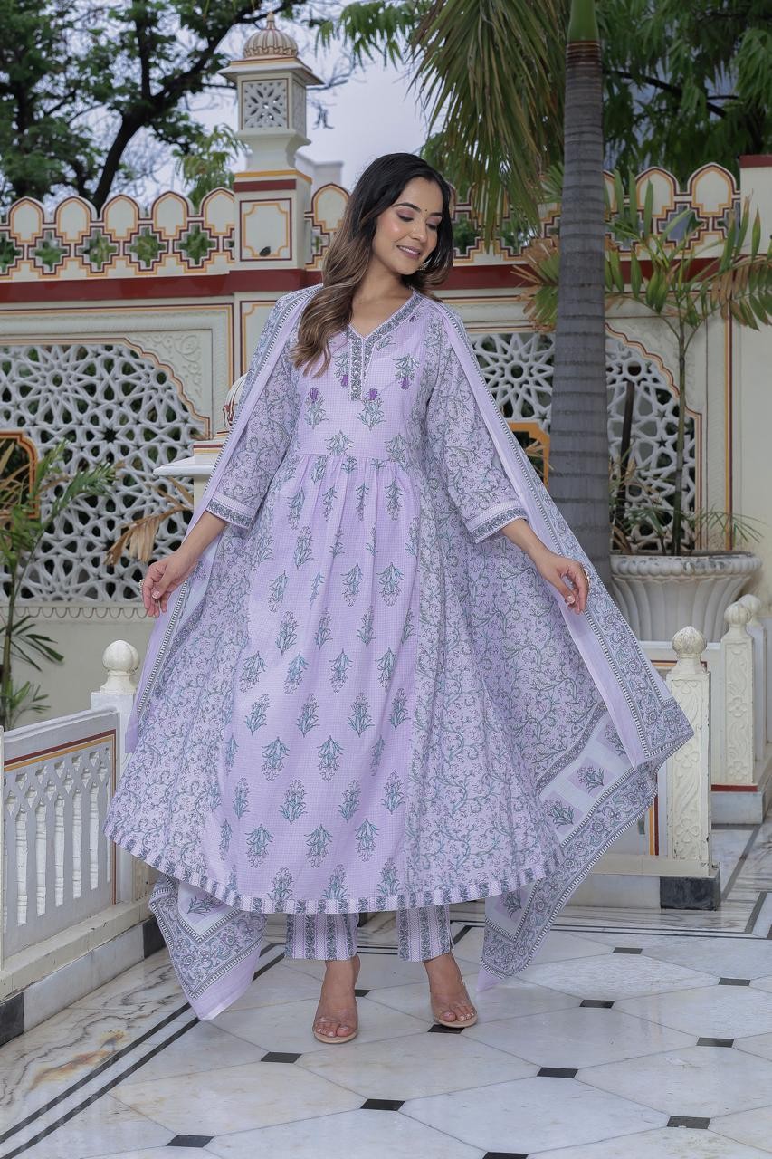Lavender Printed Cotton A Line Dresses style HK-Vastra