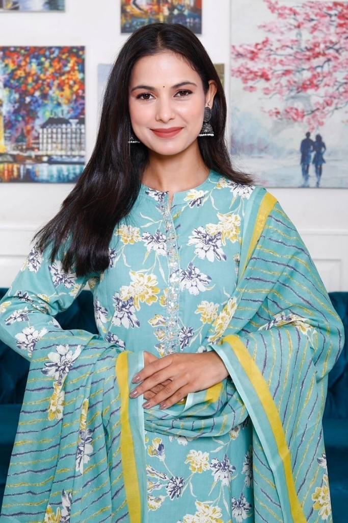 Green With Floral Print Kurta Palazo Dupatta Set