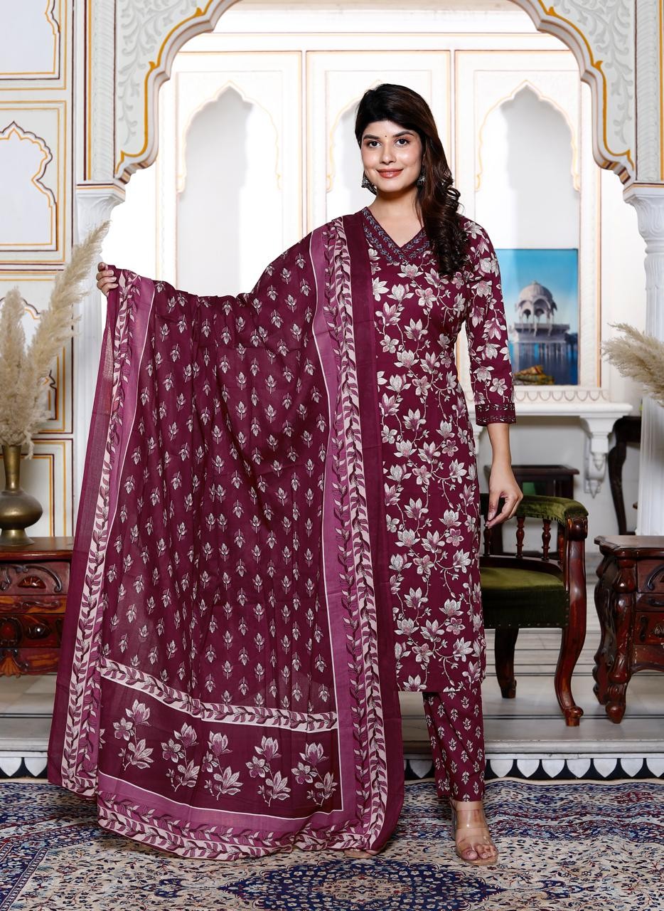 Premium Designer Maroon Printed Kurta Pant with Dupatta set
