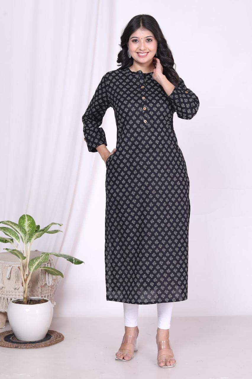 Women Printed Black Straight Kurta