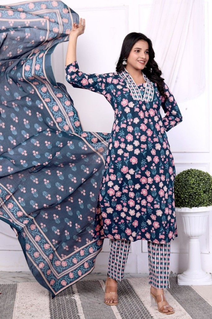 Blue With Pink Floral Print Kurti Pant Dupata Set