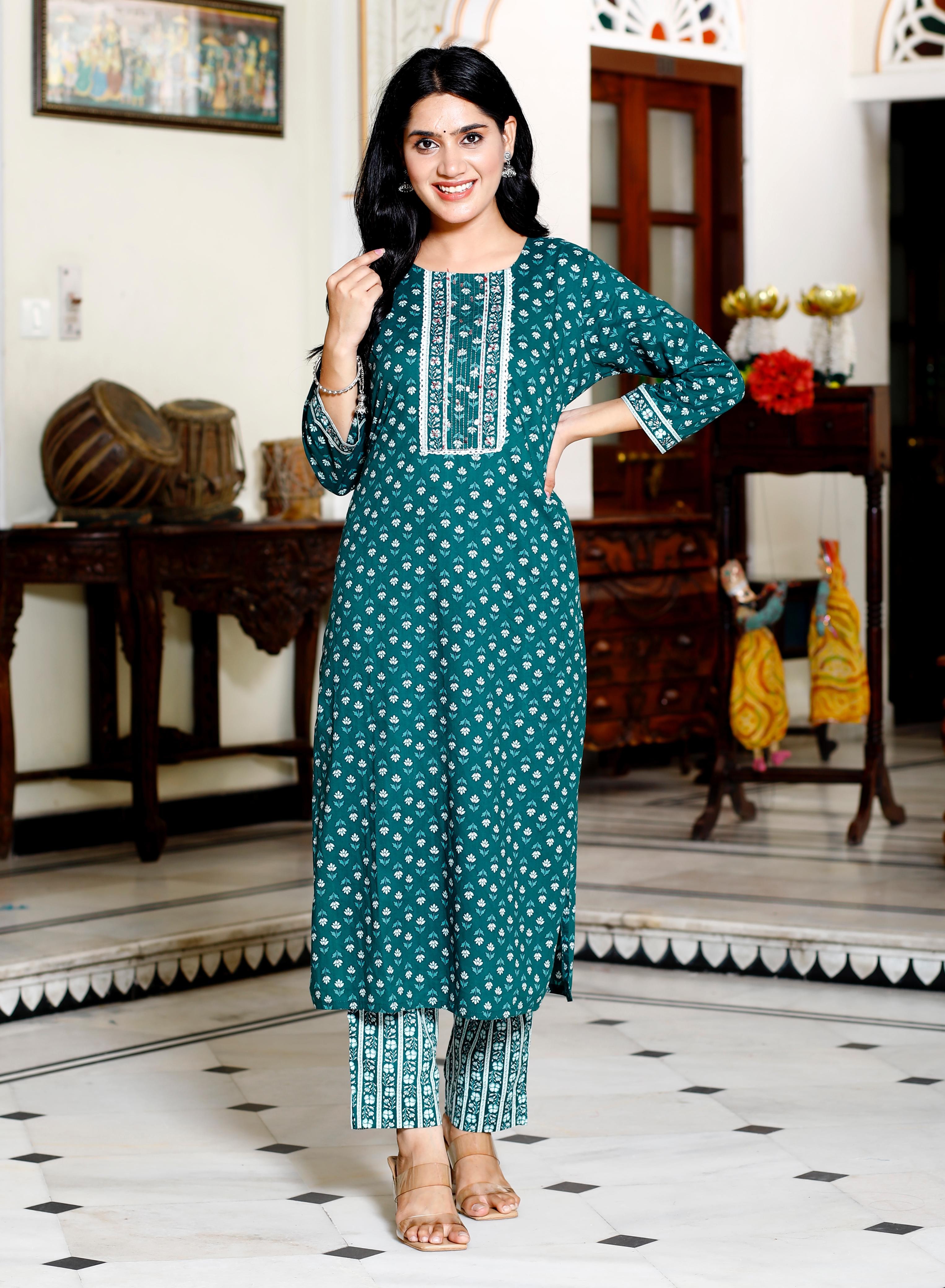 Bottle Green Hand Block Printed Cotton Suit Set