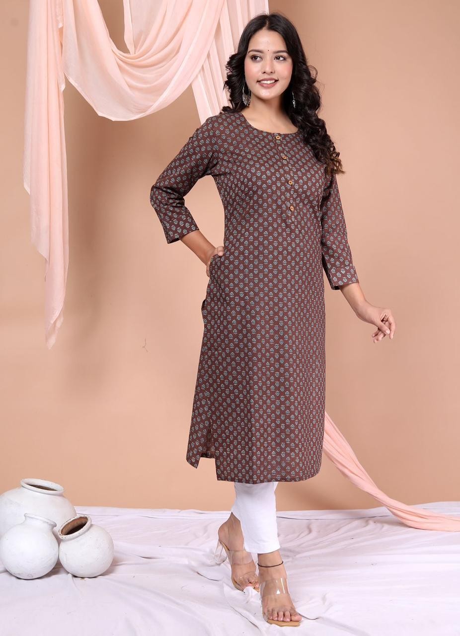 Brown With Blue Floral Print Straight Kurta