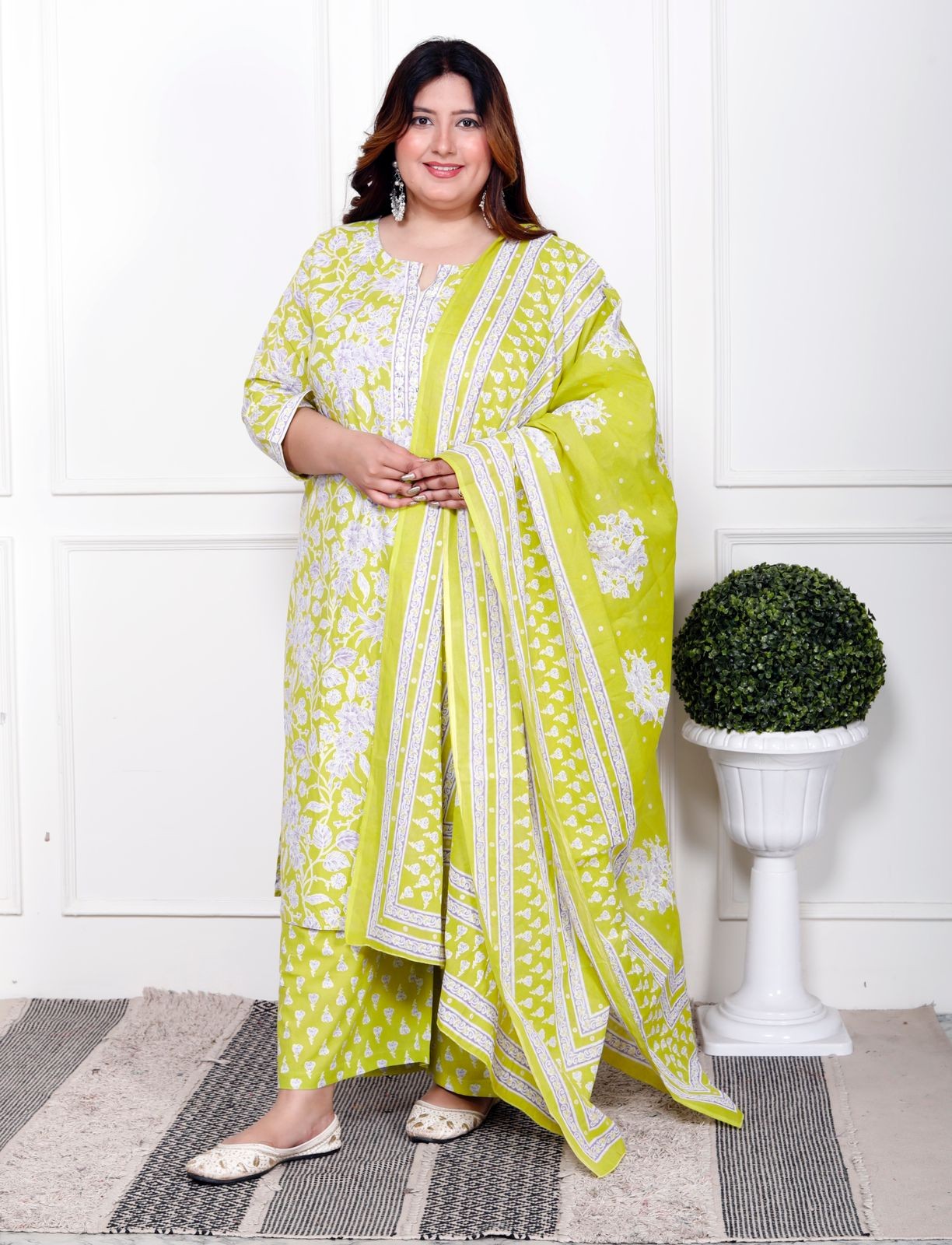 Light Green With White Floral Print Kurti Pant Dupatta Set