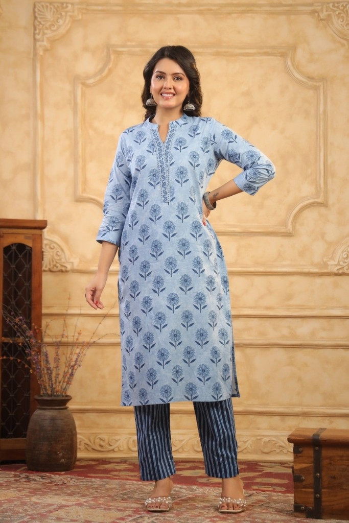 Light Blue Printed Kurta Pant And Dupatta