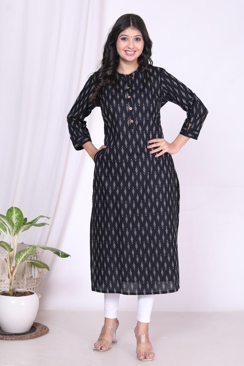 Traditional Straight Black Printed Kurta
