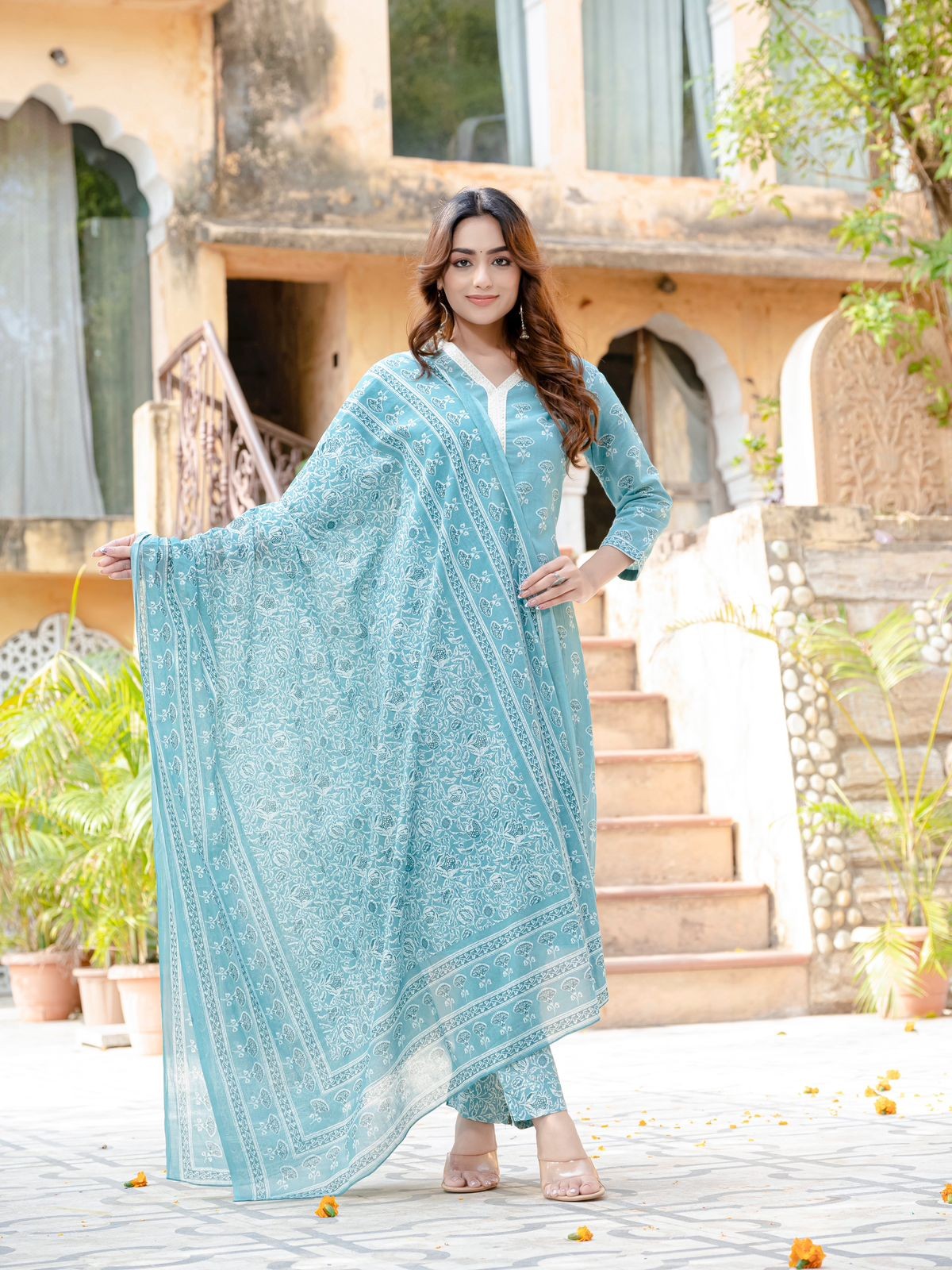 Light Sky Blue Floral Print Kurta Pant And Dupatta Set