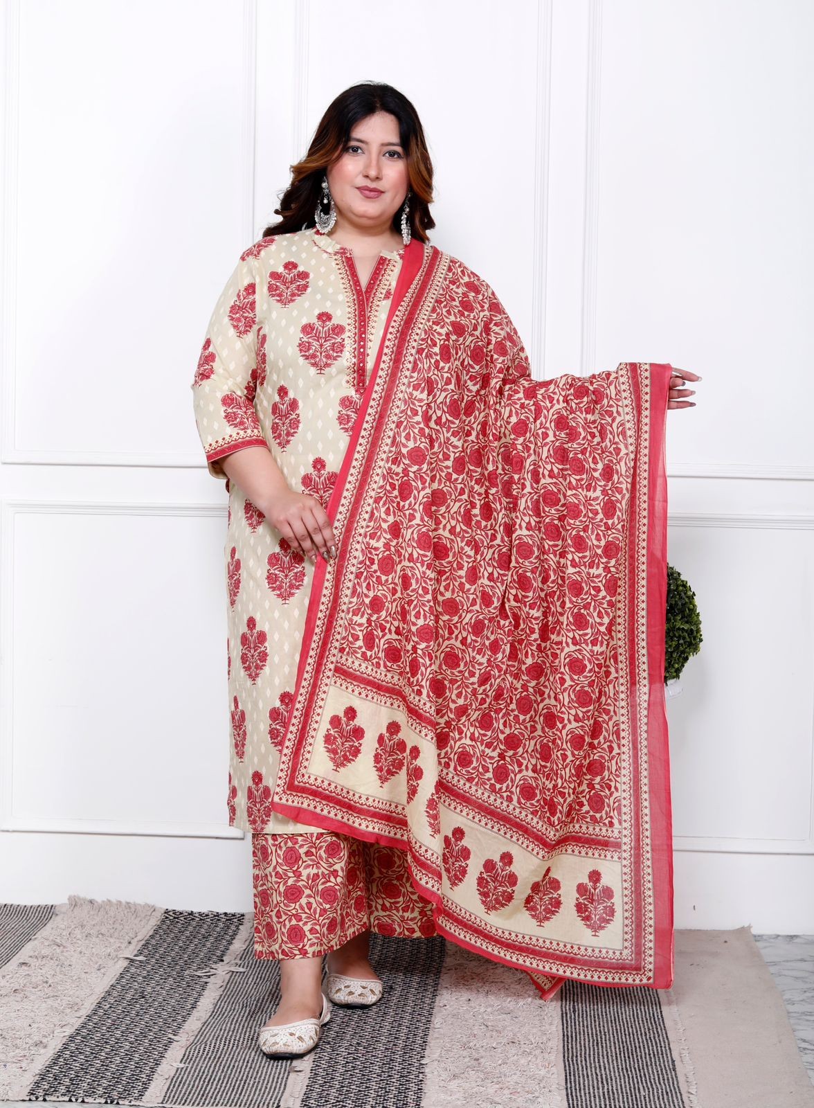 Cream With Red Floral Print Kurti pant And Dupatta Set