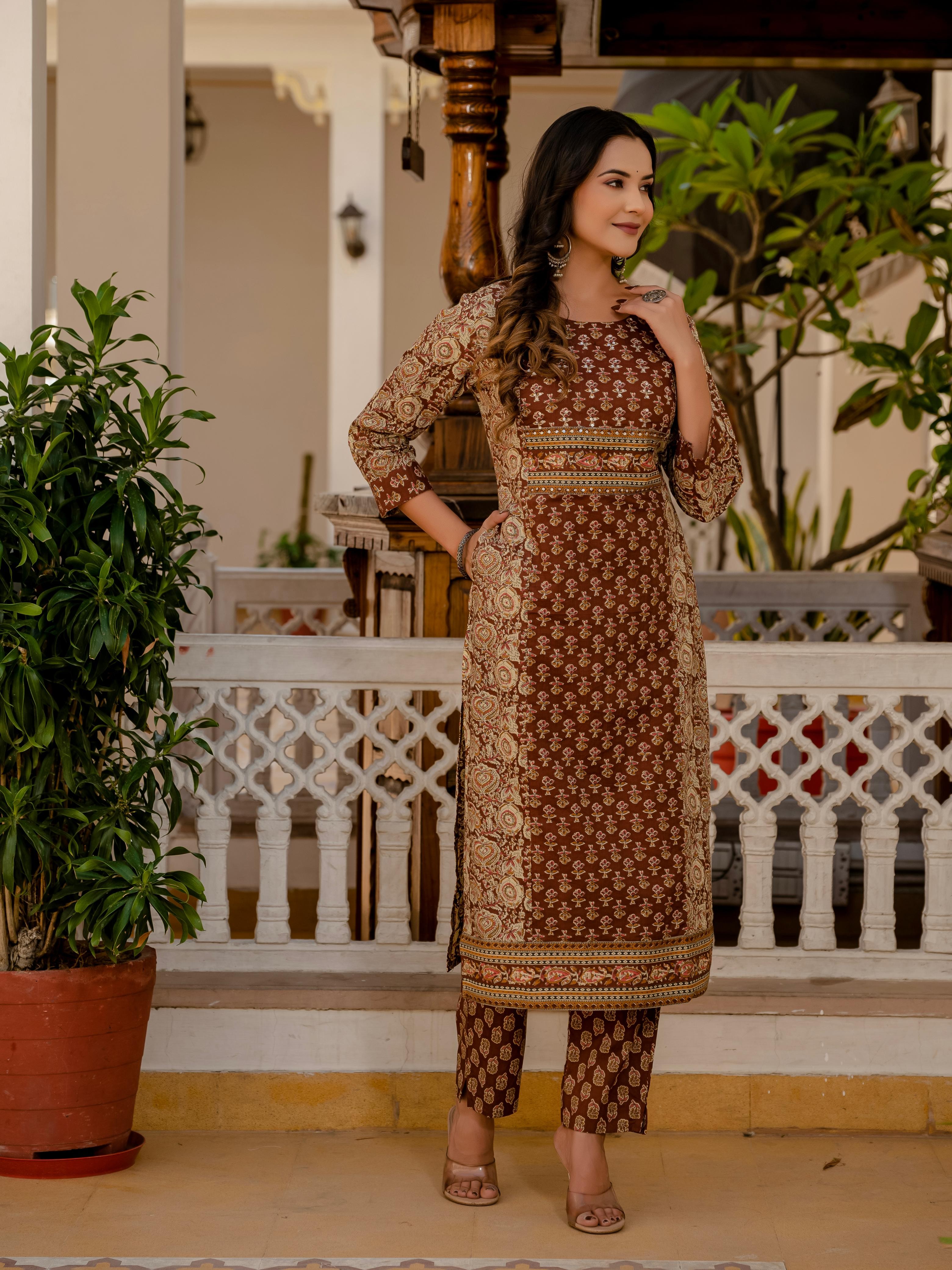 Brown Printed Cotton Kurti Set