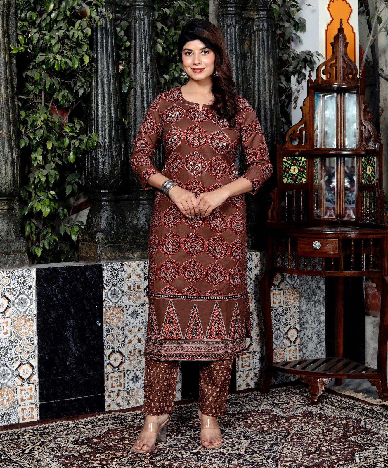 Women Trending Cotton New Ajrakh Printed Brown Kurta Set
