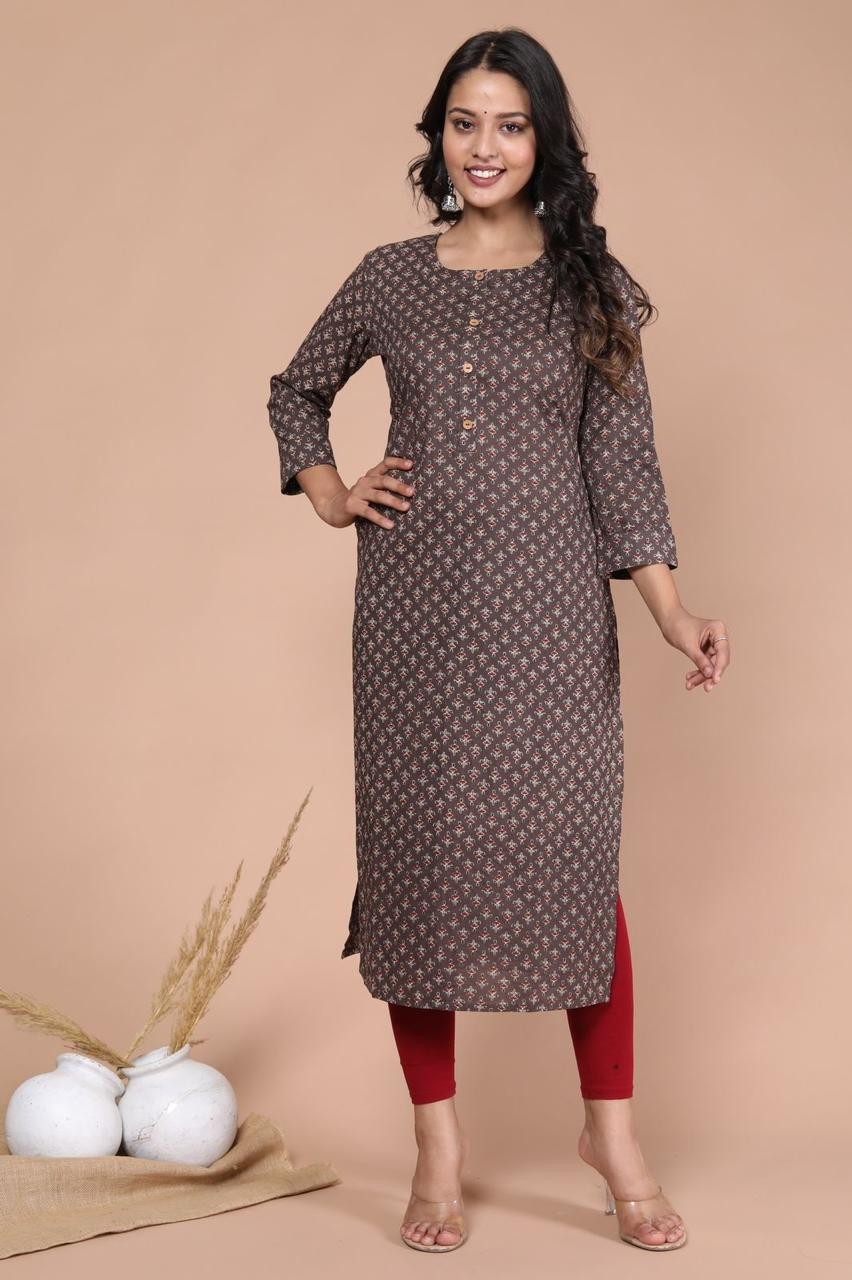 Woman Brown print Straight  Kurta