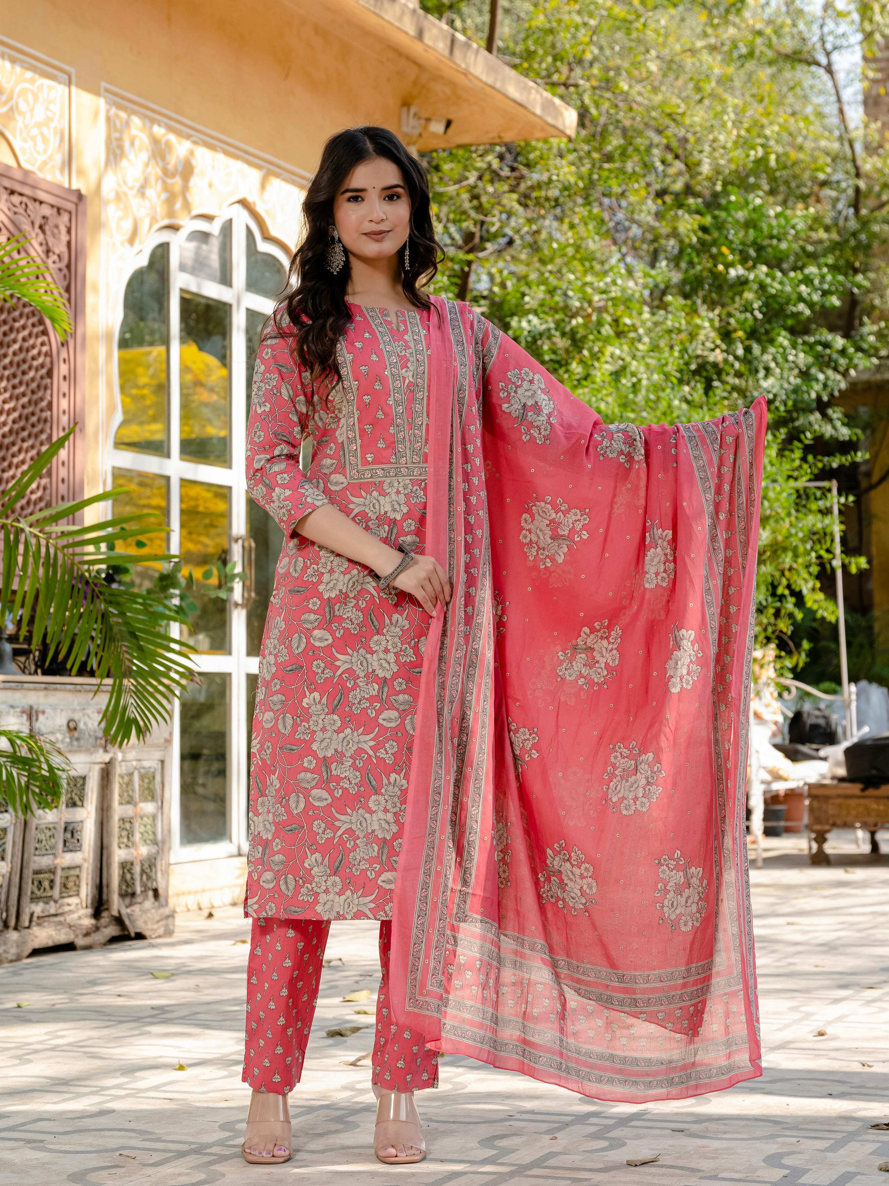 New beautiful Peach With Floral Print Kurti Pant And Dupatta set