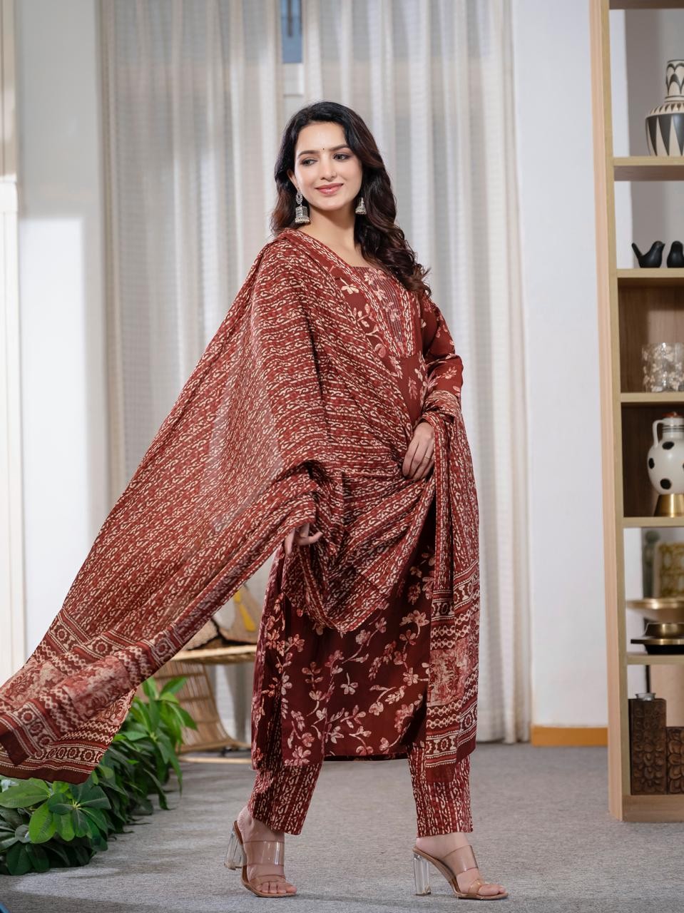 Marron Floral Cotton Suit Set with Printed Dupatta – HK Vastra