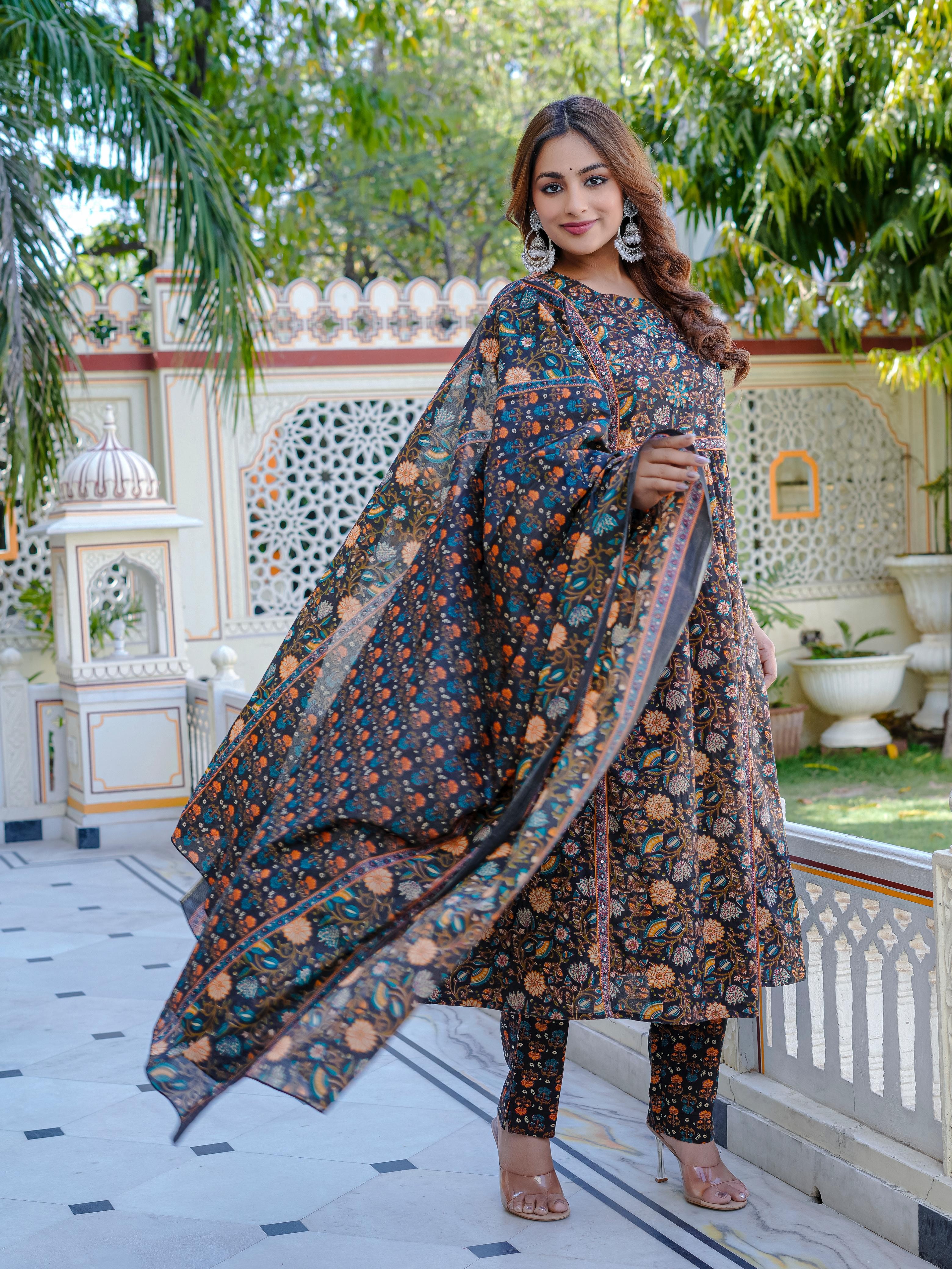 Black Multicolor Floral Cotton Kurti Set – Ethnic Collection