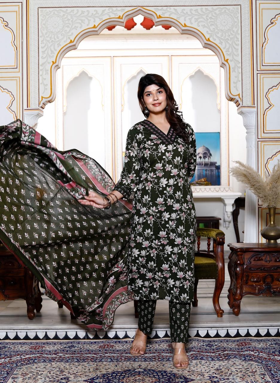 Premium Designer Green Printed Kurta Pant with Dupatta set