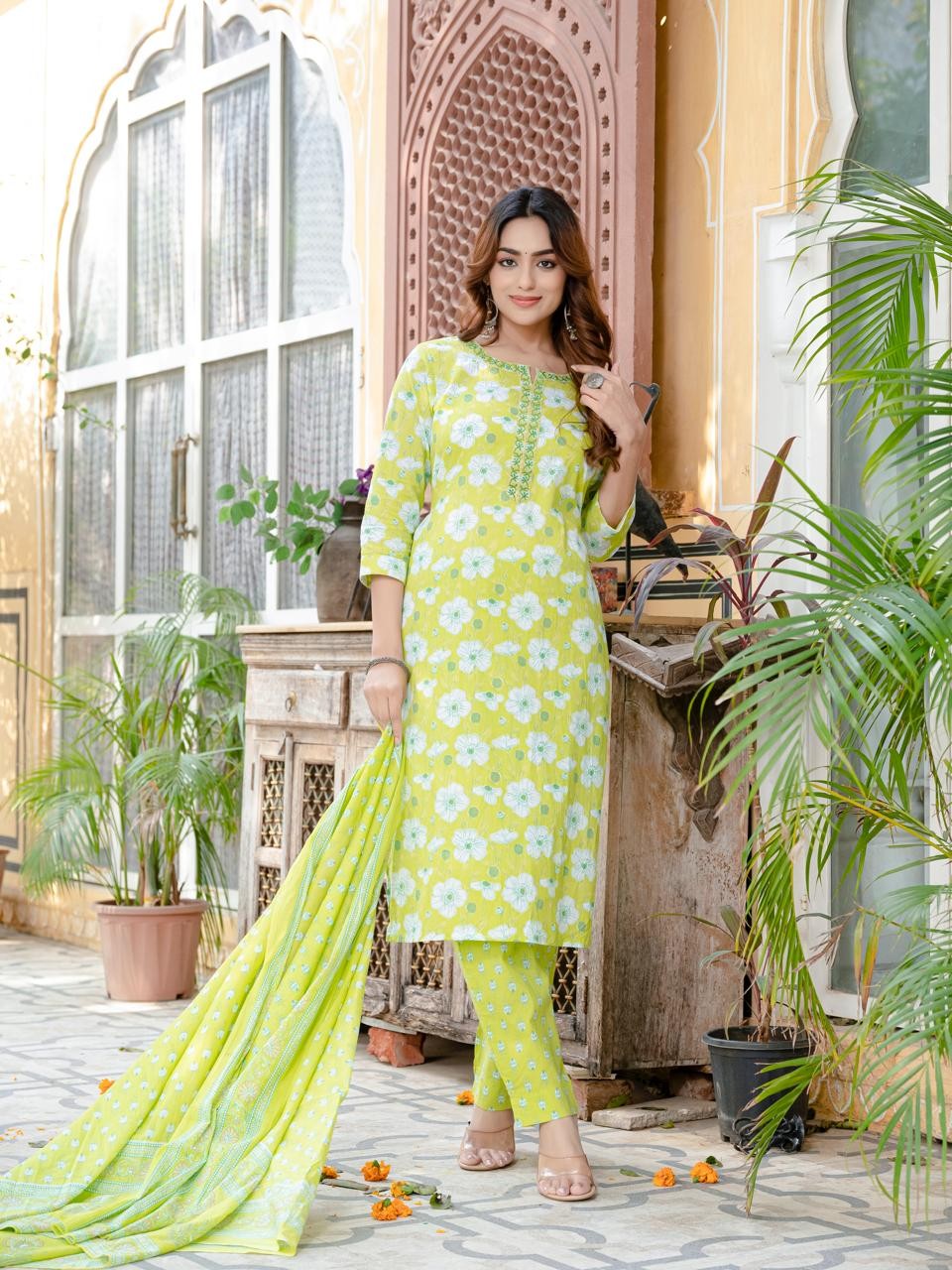 Lime Green Floral Printed Cotton Suit Set