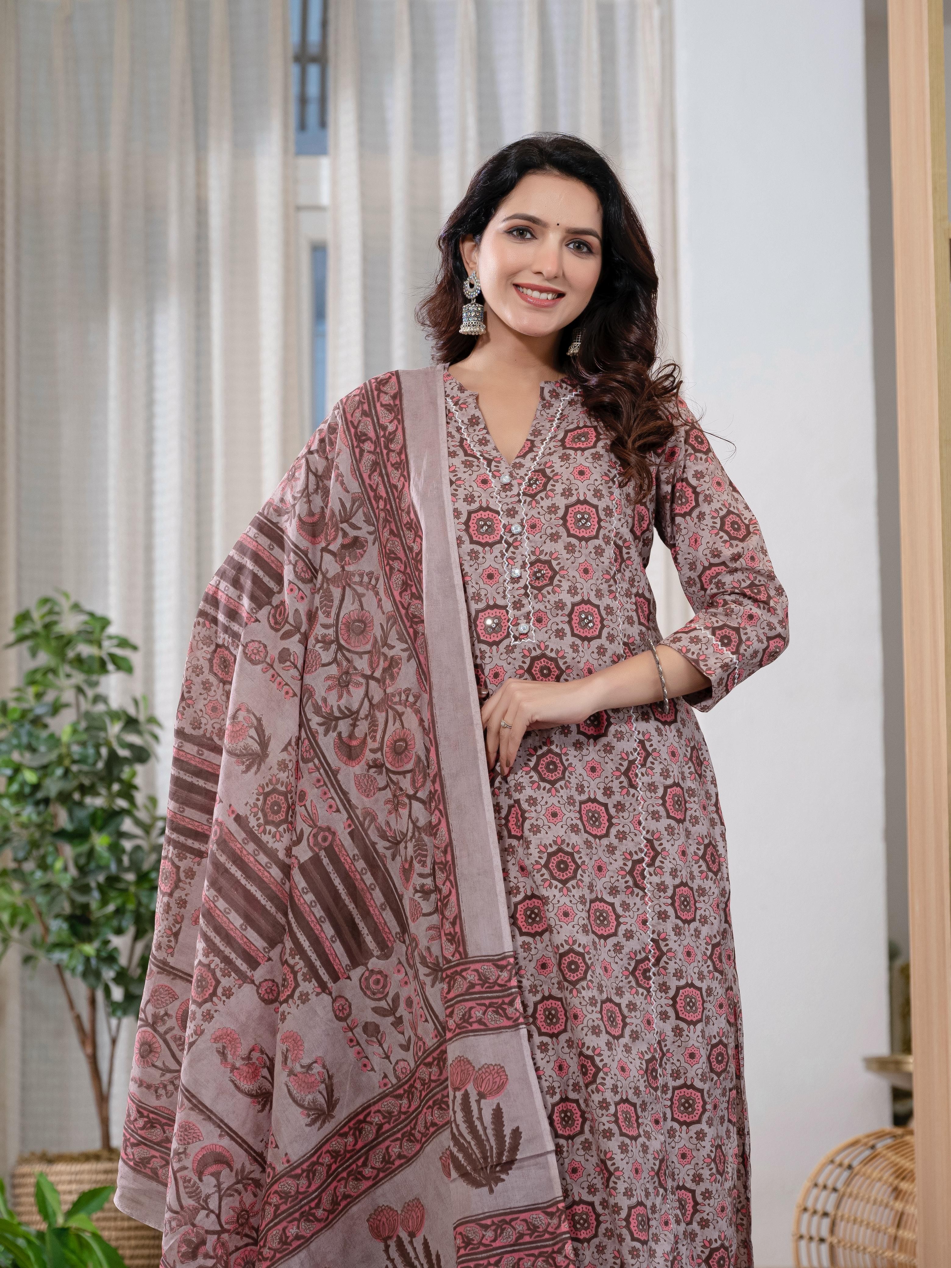 Cotton Summer  Dusty Rose Kurti Pant And Dupatta Set
