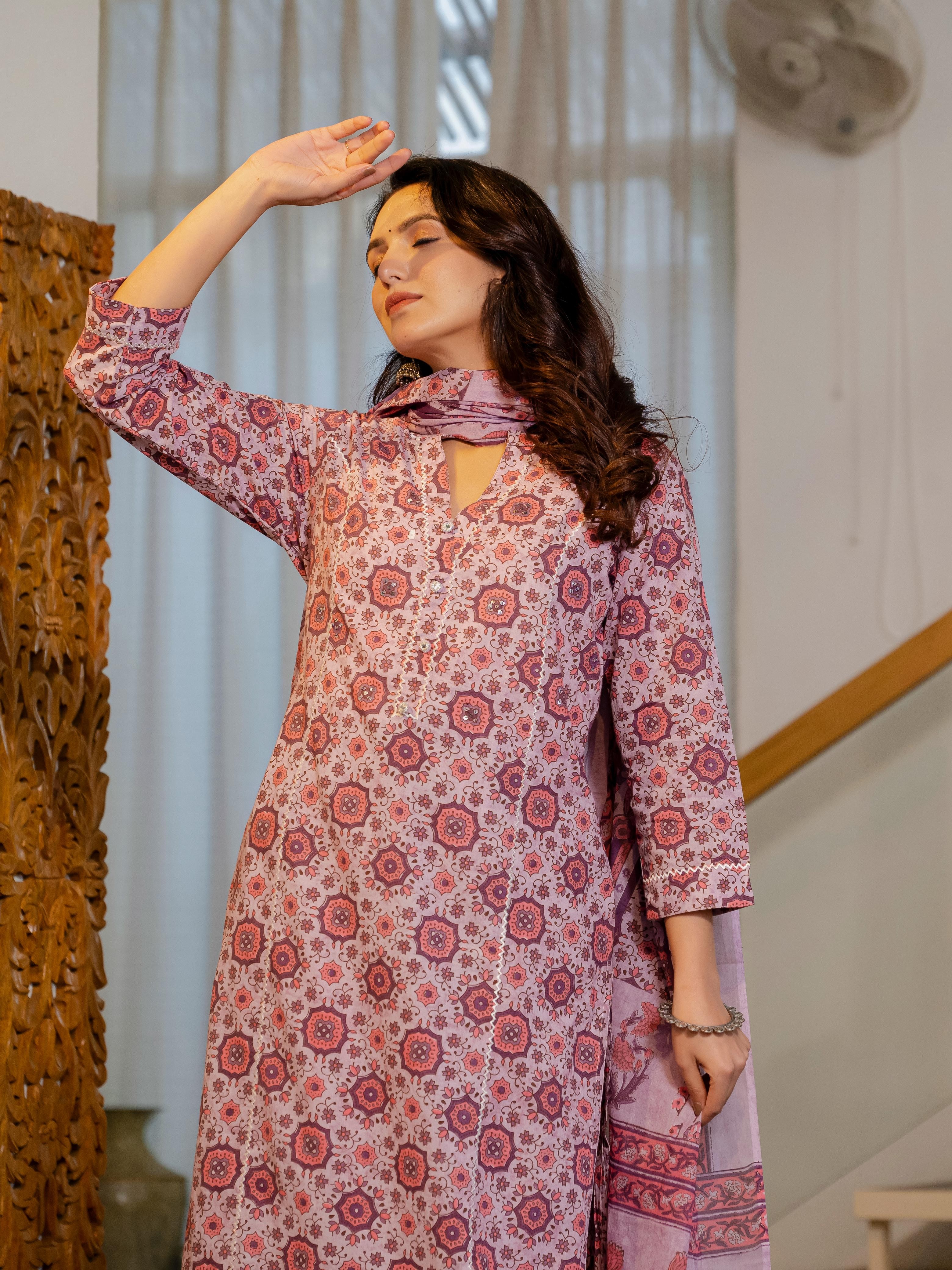 Cotton Summer Light Pink Kurti Pant And Dupatta Set