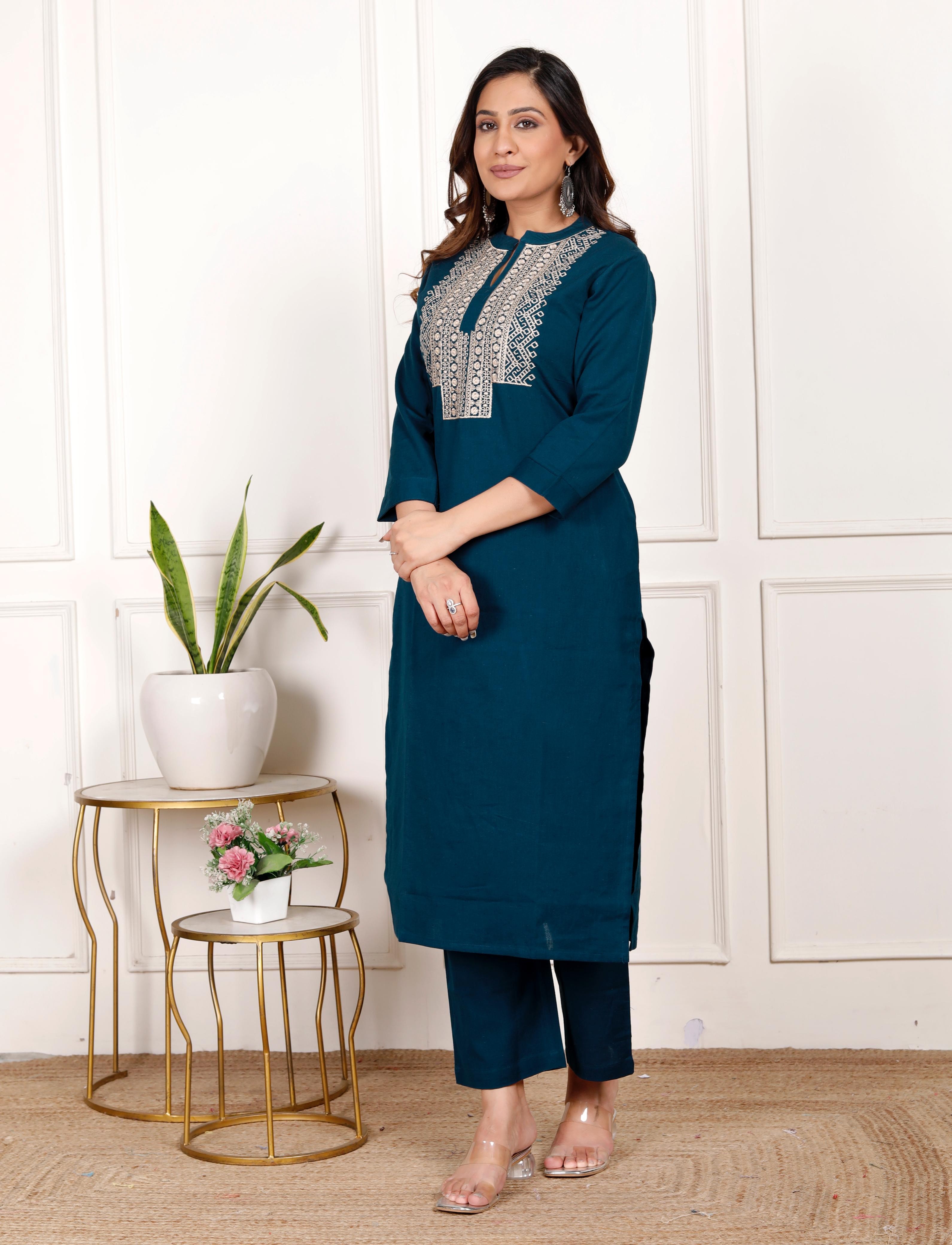 Premium Cotton Flex Kurta Pant Set – Teal Blue