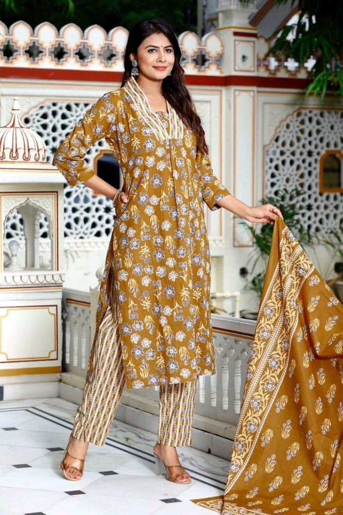 Mustered Kurta Pant And  Dupatta Set
