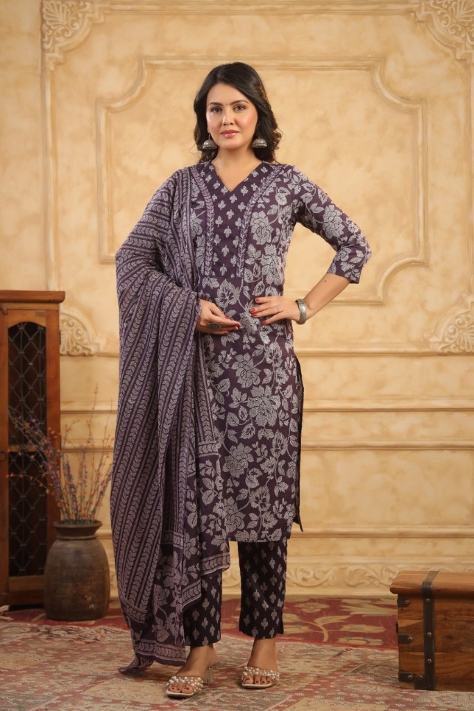 Magenta And Light Brown Kurta Pant Dupatta