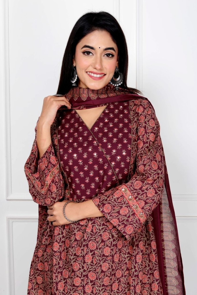 Maroon And Light Brown Angrahka Suit