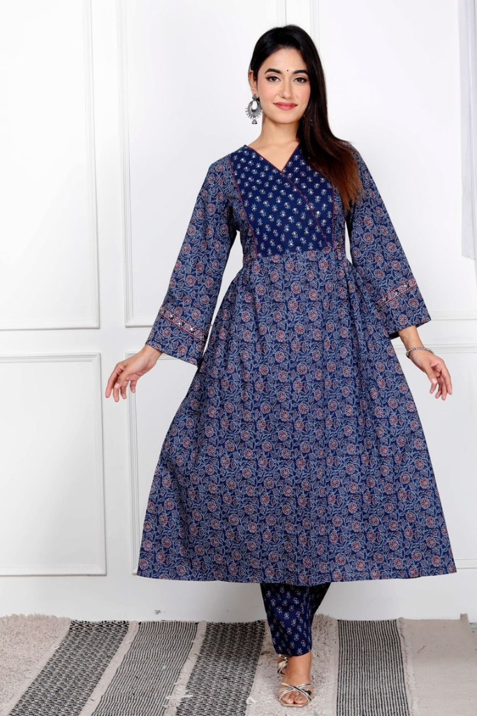Blue Printed Angrakha Suit