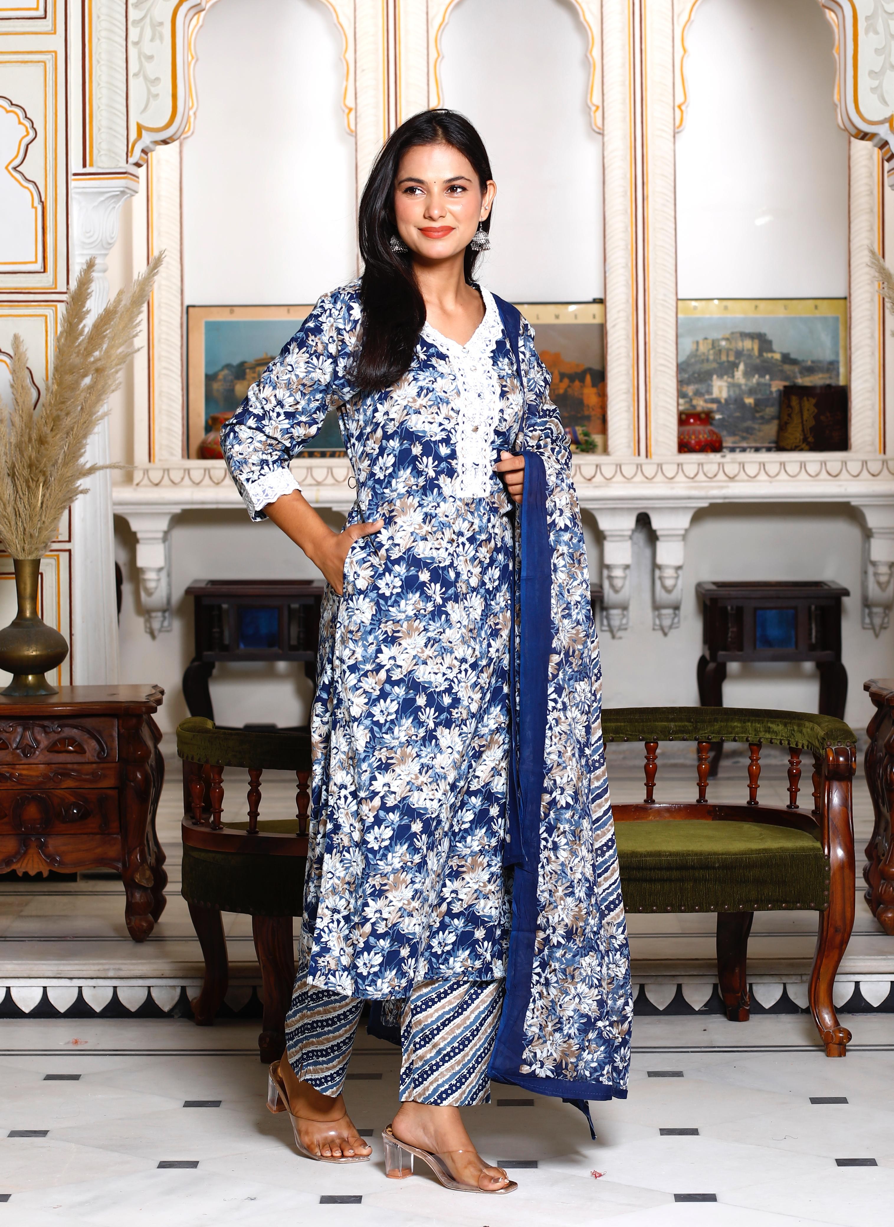 Navy Blue Floral Cotton Kurta Set