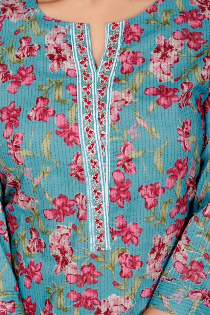 Green With Pink Floral-print-Kurta Pant Dupatta Set