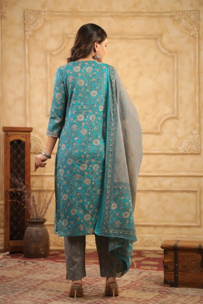 Sky Blue With Gray Kurta Pant And Dupatta