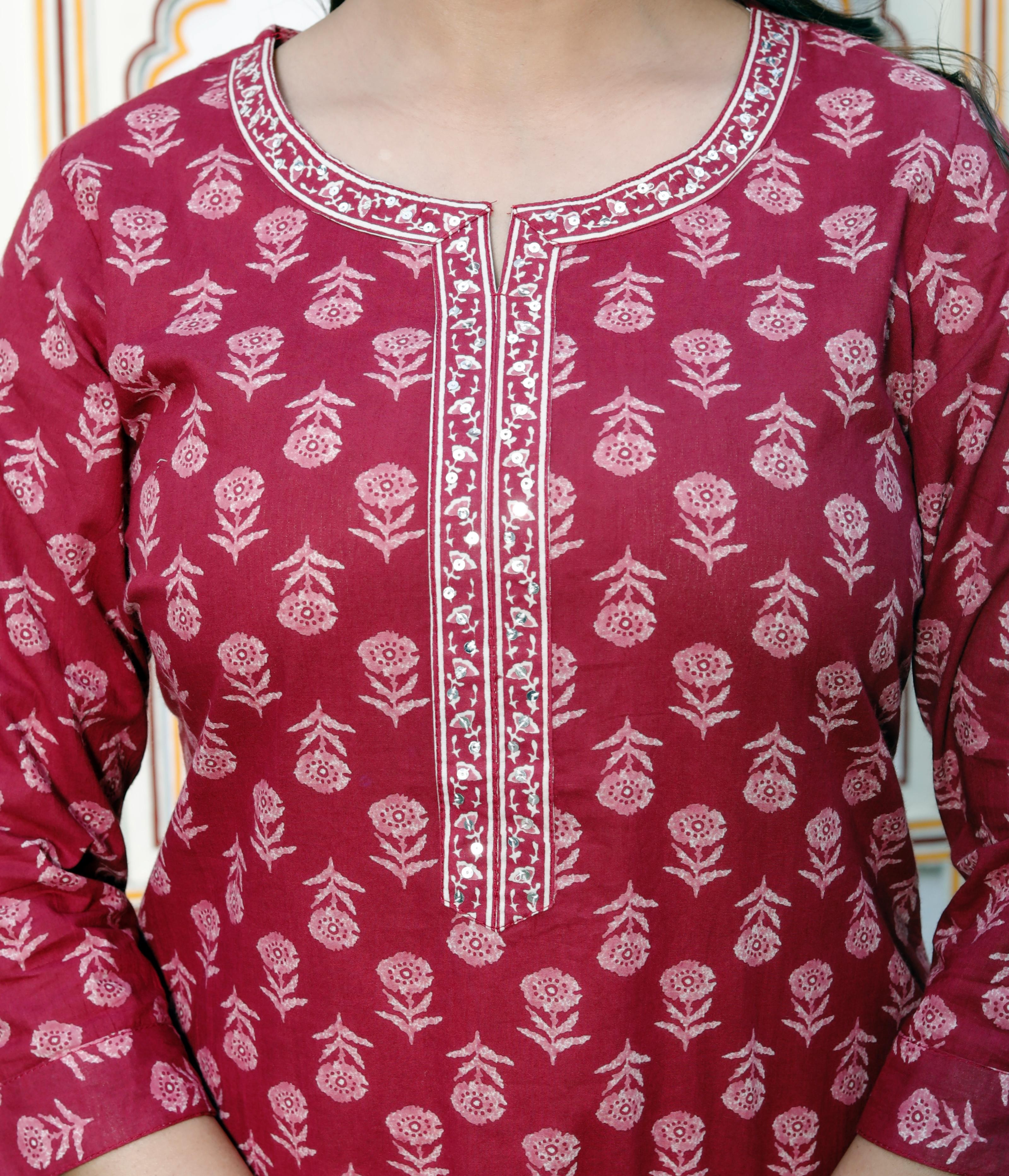 Maroon Floral Print Cotton Suit – Elegant & Comfortable