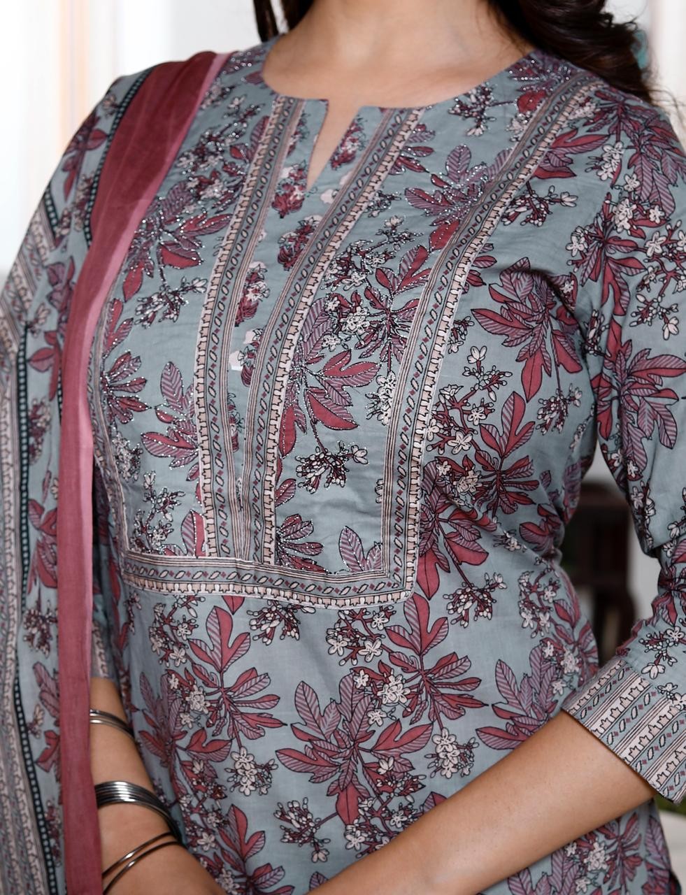 Gray With Floral Print Palzo  Set