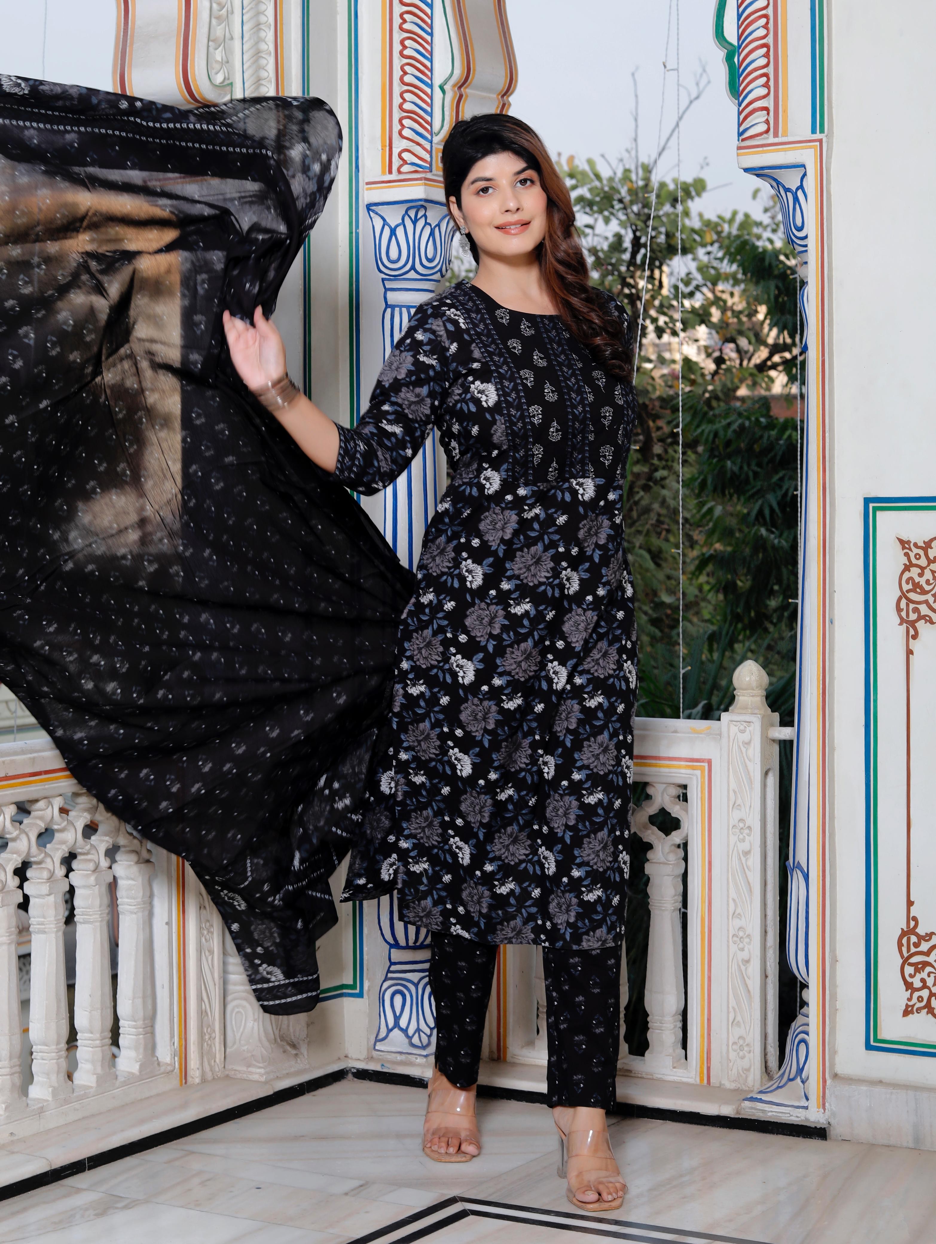Elegant Black & Grey Floral Printed Cotton Kurta for Women – HK Vastra