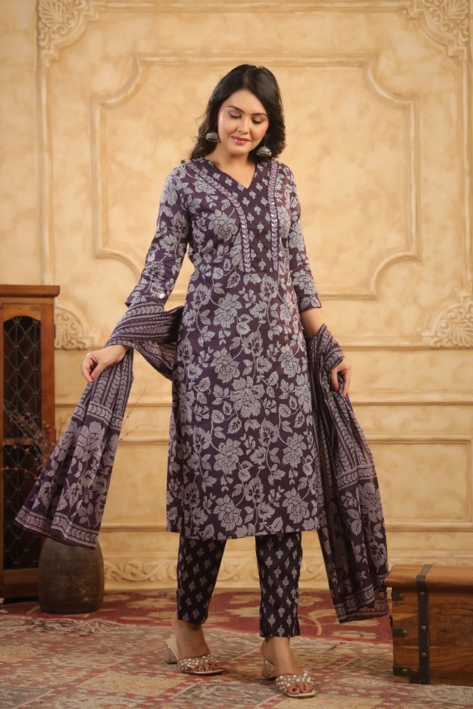 Magenta And Light Brown Kurta Pant Dupatta