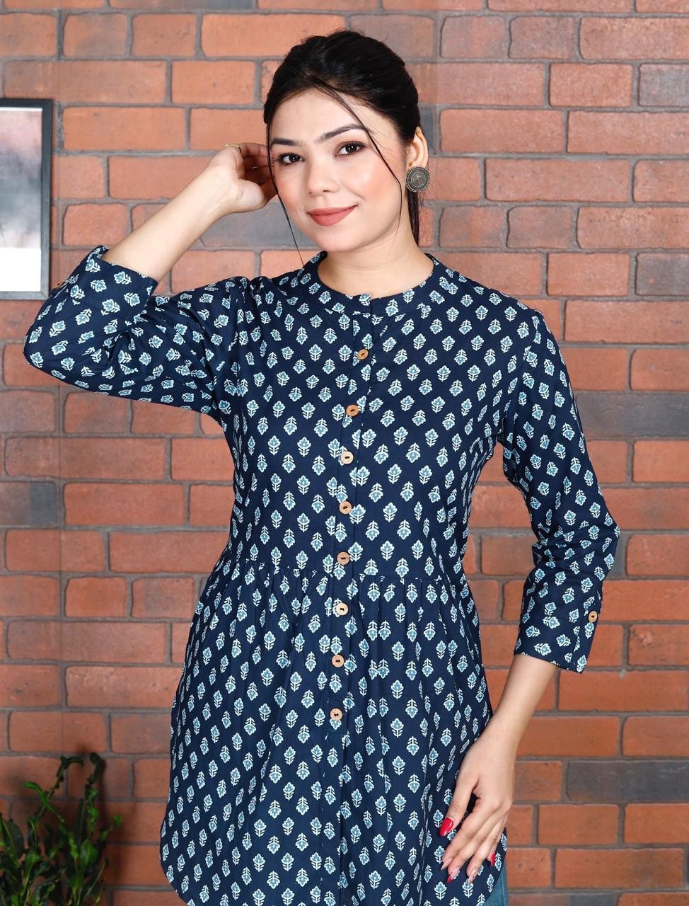 Navy Blue With Floral Print Short Top