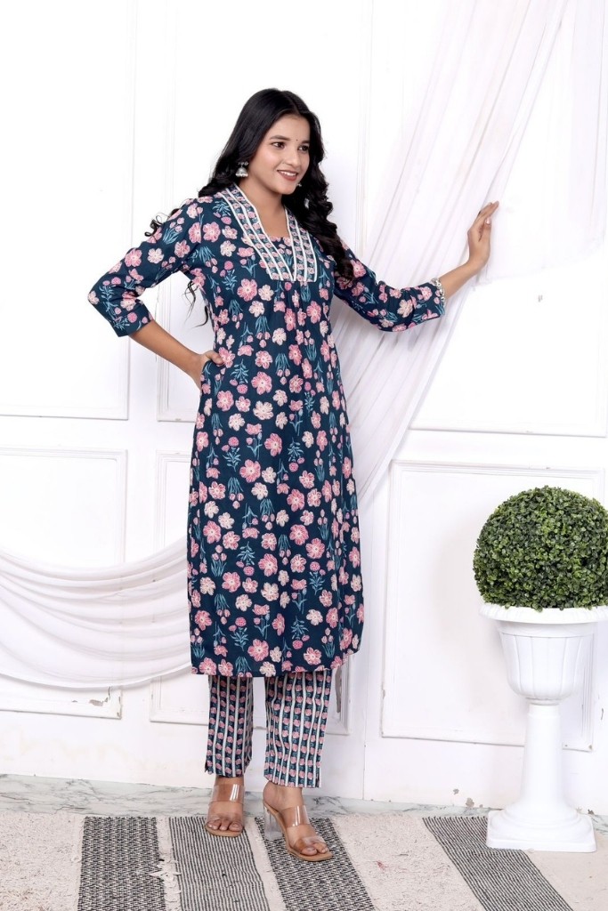 Blue With Pink Floral Print Kurti Pant Dupata Set