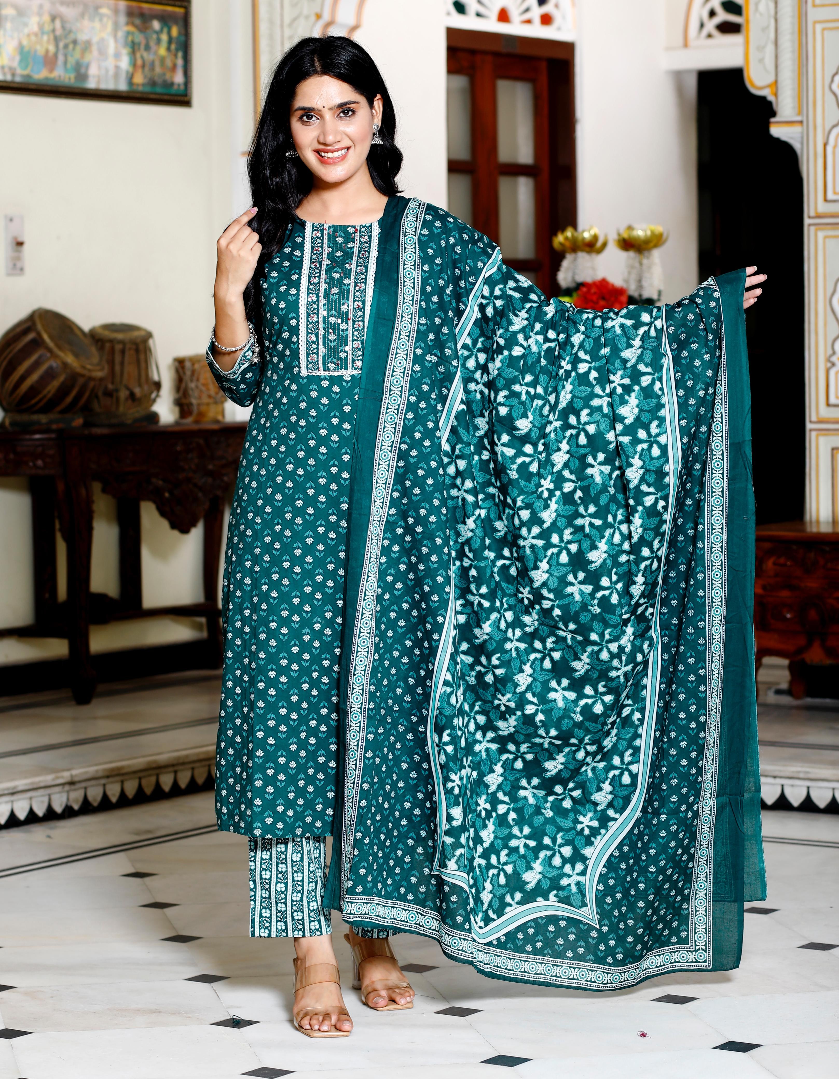 Bottle Green Hand Block Printed Cotton Suit Set