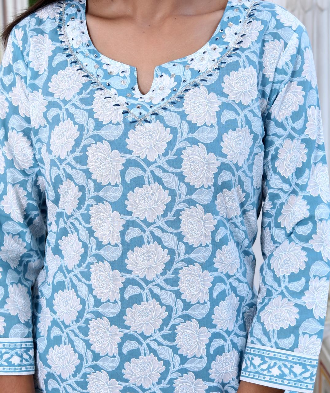 Sky Blue and White Floral Print Dupatta Set