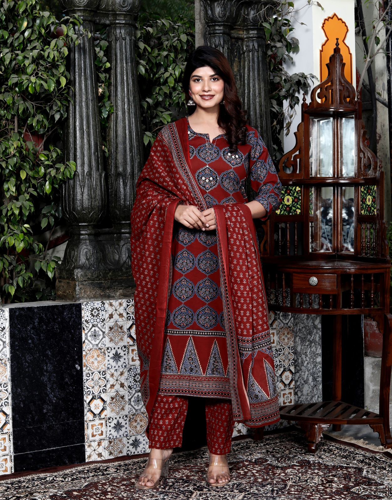 Women Trending Cotton New Ajrakh Printed Red Kurta Set