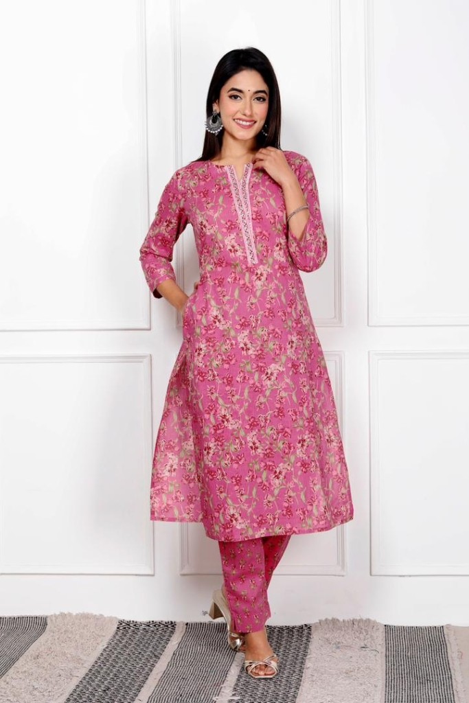 Pink White Kurta Pant Dupatta Set